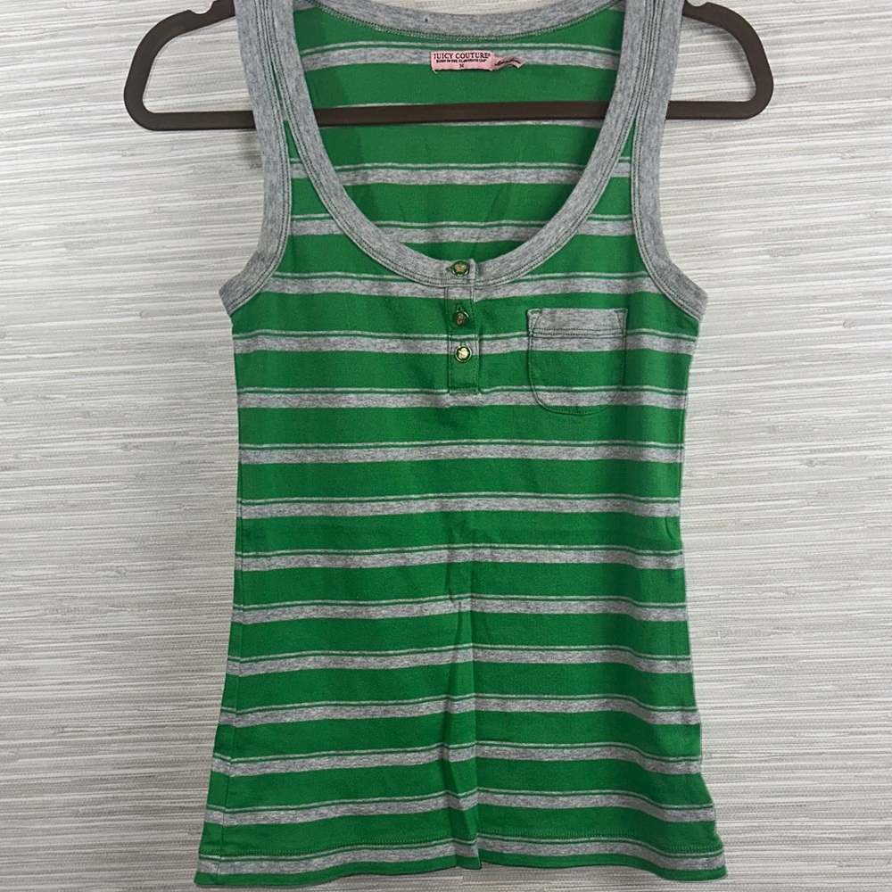 Juicy Couture M Green and Gray Striped Tank Top with fancy buttons, baby pocket